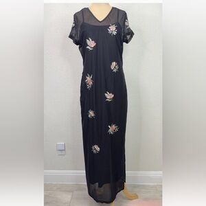 Vintage Black Romantic Gothic Mesh Floral Embroidered Maxi Dress M L